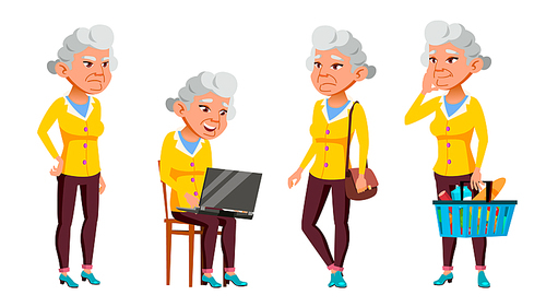 Asian Old Woman Poses Set Vector. Elderly People. Senior Person. Aged. Beautiful Retiree. Life. Presentation, Print, Invitation Design Isolated Illustration