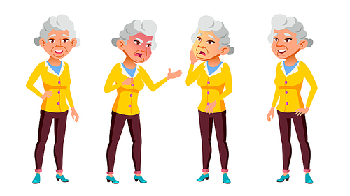 asian old woman poses set vector. elderly people. senior person. aged. active grandparent. joy. web, , poster design isolated illustration
