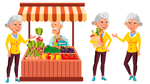 Asian Old Woman Poses Set Vector. Elderly People. Ecological Vegetables, Market. Senior Person. Aged. Comic Pensioner. Lifestyle. Postcard, Cover Placard Design Isolated Illustration