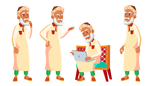 Arab, Muslim Old Man Poses Set Vector. Elderly People. Senior Person. Aged. Funny Pensioner. Leisure. Postcard, Announcement Cover Design Illustration