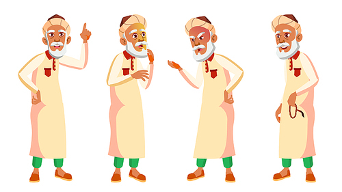 arab, muslim old man poses set vector. elderly people. senior person. aged. friendly grandparent. banner, flyer,  design illustration