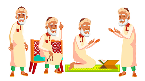 Arab, Muslim Old Man Poses Set Vector. Elderly People. Senior Person. Aged. Beautiful Retiree. Life. Card, Advertisement Greeting Design Illustration