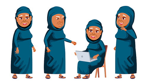 Arab, Muslim Old Woman Poses Set Vector. Elderly People. Senior Person. Aged. Friendly Grandparent. Web, Poster, Booklet Design Illustration