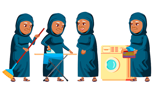 Arab, Muslim Old Woman Poses Set Vector. Elderly People. Senior Person. Aged. Caucasian Retiree. Smile. Advertisement, Greeting, Announcement Design Cartoon Illustration