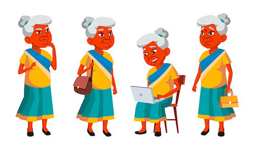indian old woman poses set vector. elderly people. senior person. aged. friendly grandparent. banner, flyer,  design. isolated illustration