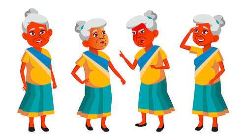 Indian Old Woman Poses Set Vector. Elderly People. Senior Person. Aged. Funny Pensioner. Leisure. Announcement, Cover Design. Isolated Illustration