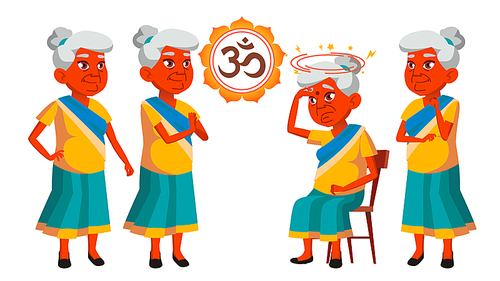 Indian Old Woman Poses Set Vector. Elderly People. Senior Person. Aged. Beautiful Retiree. Life. Design. Isolated Illustration