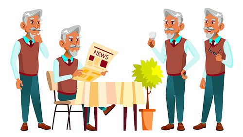 Arab, Muslim Old Man Poses Set Vector. Elderly People. Senior Person. Aged. Positive Pensioner. Web, Brochure, Poster Design Isolated Illustration