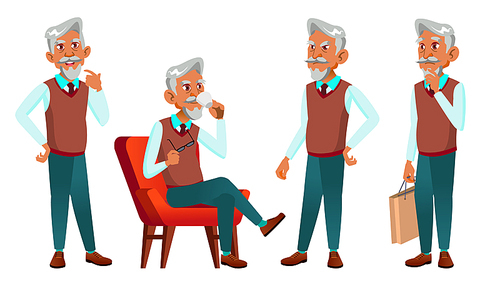 Arab, Muslim Old Man Poses Set Vector. Elderly People. Senior Person. Aged. Caucasian Retiree. Smile. Advertisement, Greeting, Announcement Design Isolated Illustration