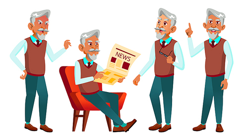 Arab, Muslim Old Man Poses Set Vector. Elderly People. Senior Person. Aged. Friendly Grandparent. Web, Poster, Booklet Design Isolated Illustration