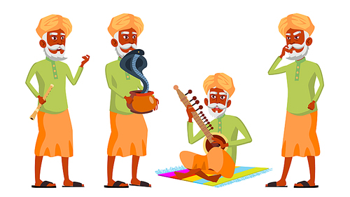 indian old man poses set vector. hindu. asian. elderly people. senior person. aged. snake cobra dance. web, , poster design isolated illustration