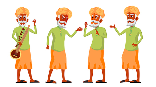 Indian Old Man Poses Set Vector. Hindu. Asian. Elderly People. Senior Person. Aged. Lifestyle. Postcard, Cover Placard Design Isolated Illustration