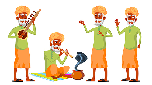 Indian Old Man Poses Set Vector. Hindu. Asian. Elderly People. Senior Person. Aged. Snake Cobra Dance. Advertisement, Greeting, Announcement Design Isolated Illustration