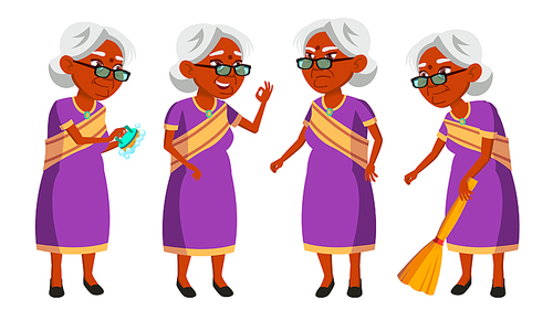 indian old woman in sari vector. elderly people. hindu. asian. senior person. aged. active grandparent. joy. web  poster design isolated illustration