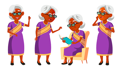 Indian Old Woman In Sari Vector. Elderly People. Hindu. Asian. Senior Person. Aged. Comic Pensioner. Lifestyle. Postcard Cover Placard Design Isolated Illustration
