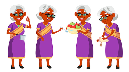 Indian Old Woman In Sari Vector. Elderly People. Hindu. Asian. Senior Person. Aged. Activity. Advertisement, Greeting Announcement Design Isolated Illustration
