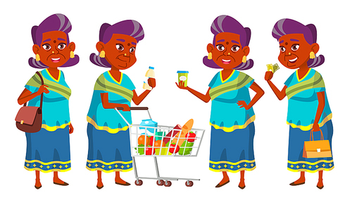 Indian Old Woman Shopping Vector. Elderly People. Hindu In Sari. Asian. Senior Person. Aged. Caucasian Retiree. Smile. Advertisement, Greeting Announcement Design Isolated Illustration