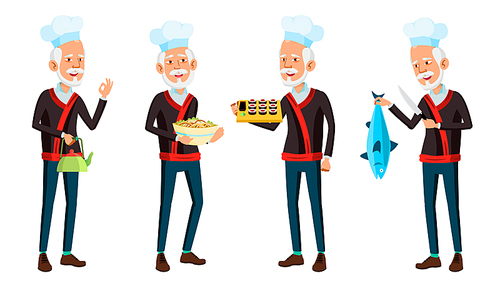 Asian Old Man Poses Set Vector. Elderly Chef In Restaurant. Rolls, Fish. Senior Person. Aged. Funny Announcement, Cover Design. Isolated Illustration