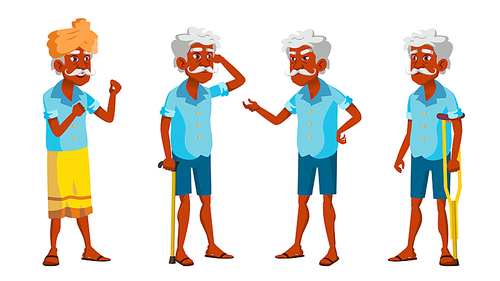 indian old man poses set vector. elderly people. senior person. aged. friendly grandparent. hindu. asian. banner, flyer,  design isolated illustration