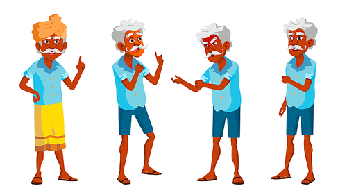 Indian Old Man Poses Set Vector. Elderly People. Senior Person. Hindu. Asian. Aged. Smile. Web, Poster Booklet Design Isolated Illustration