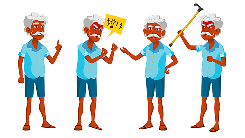 Indian Old Man Poses Set Vector. Elderly People. Hindu. Asian. Senior Person. Aged. Positive Pensioner. Advertising, Placard, Print Design Isolated Illustration