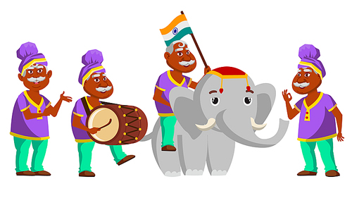 Indian Old Man Poses Set Vector. Elderly People. Hindu In Turban. Senior Person. Aged. Traditional Festival, Parade. Elephant. Presentation, Print Invitation Design Isolated Illustration