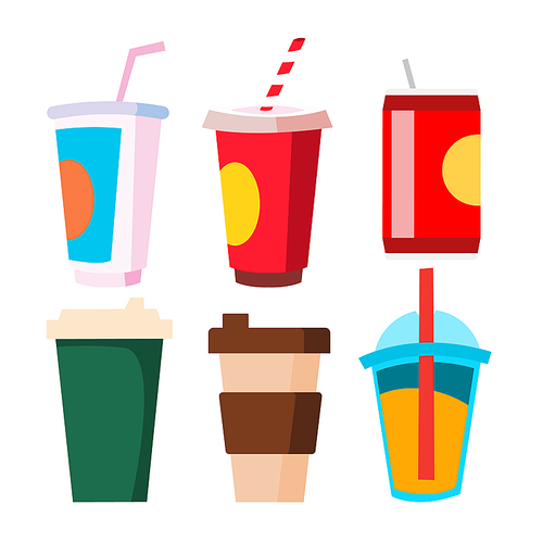 Takeaway Drink Set Vector. Cup, Mug With Coffee, Juice, Soda. Cold And Hot Tasty Beverage. Isolated Flat Cartoon Illustration