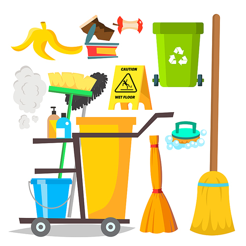 Cleaning Items Vector. Household Supplies Icons. Equipment. Isolated Flat Cartoon Illustration