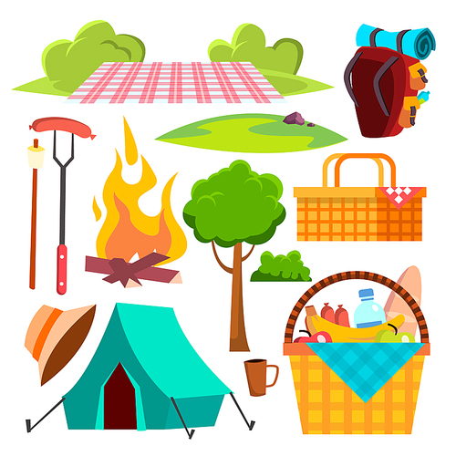 Picnic Items Vector. Tent, Campfire, Sausages, Basket. Hike Summer Vacation Isolated Flat Cartoon Illustration