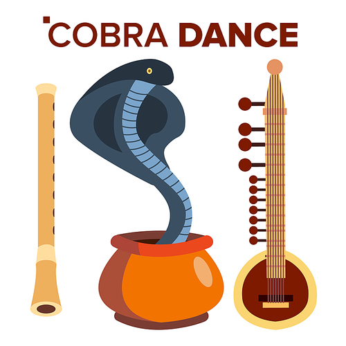 Cobra Dance Vector. Load Of Snakes. Flute And Pot. India. Isolated Flat Cartoon Illustration