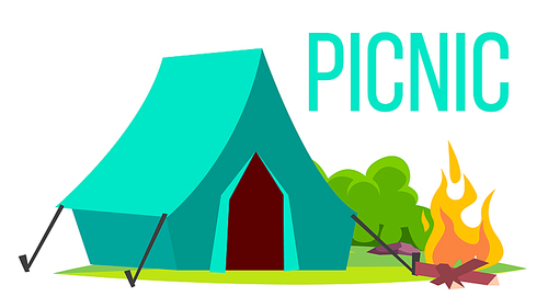 Picnic Vector. Bonfire And Tent. Summer Vacation. Outdoor Relax. Isolated Flat Cartoon Illustration