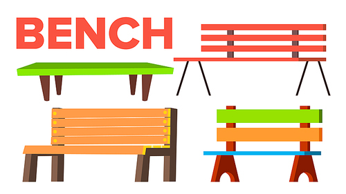 Bench Set Vector. Classic Wooden Park Bench For Adult And Children. Types. Outdoor Urban Park Comfortable Object. Isolated Flat Cartoon Illustration