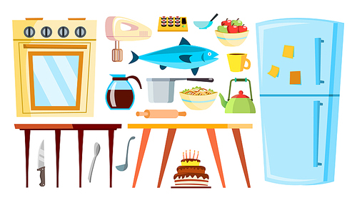 Kitchen Items Vector. Refrigerator, Table, Food, Tableware Objects Isolated Flat Cartoon Illustration