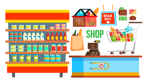 Shopping Mall Supermarket Vector. Shopping Bags, Interior, Products. Seasonal Sale At Store. Cashbox. Isolated Cartoon Illustration