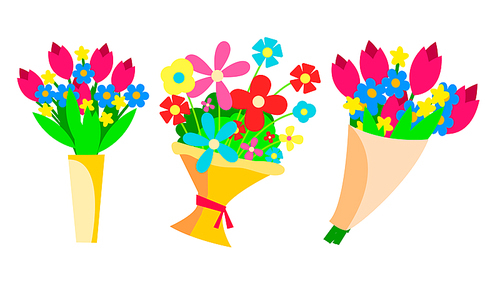 Flowers Bouquets Set Vector. Beautiful Floral Gift. Spring Present. Garden, Bloom. Isolated Flat Cartoon Illustration