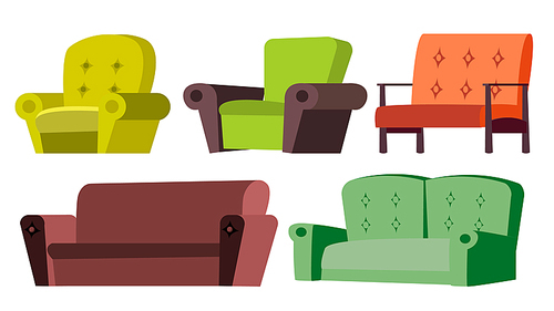 Sofa, Chair Set Vector. Home Furniture. Living Room. Isolated Flat Cartoon Illustration