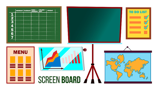 Screen Board Set Vector. Business, Education, School Display Board. Demonstration Frame. Isolated Flat Cartoon Illustration