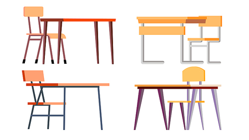 School Desk Set Vector. Chipboard, Chir. Classic Empty Wooden And Metal Furniture. Isolated Flat Cartoon Illustration