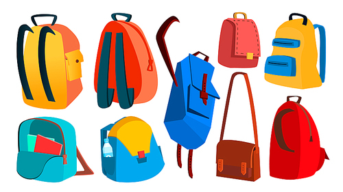 School Backpack Set Vector. Education Object. Kids Equipment. Colorful Schoolbag. Isolated Flat Cartoon Illustration