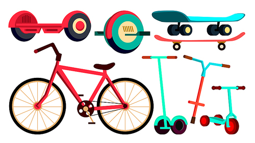 Wheeled Items Set Bicycle, Skateboard, Scooter Vector. Urdan Transport. Modern Gadget. Isolated Flat Cartoon Illustration