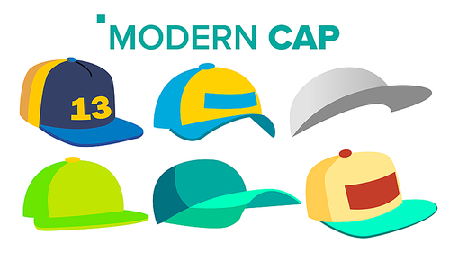 Summer Cap Set Vector. Man, Woman Headwear. Sport Uniform. For Children And Adult. Isolated Flat Cartoon Illustration