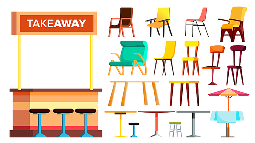 Cafe Furniture Set Vector. Takeaway. Interior Design Furniture Element. Table, Chair. Sidewalk Bistro. Isolated Flat Cartoon Illustration