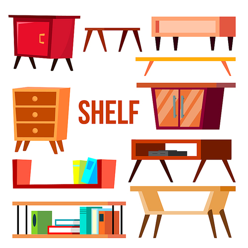 Home Shelf Set Vector. Interior Furniture Objects. Wooden Storage. Isolated Flat Cartoon Illustration