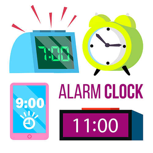 Alarm Clock Set Vector. Time. Early Wake Up. Deadline. Morning Ringing Watch. Classic, Electronic. Isolated Flat Cartoon Illustration