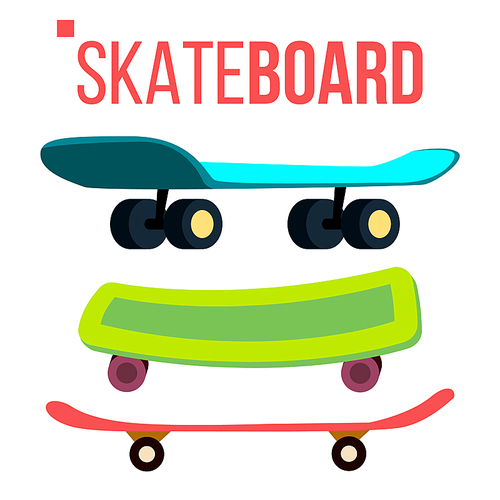 Scateboard Set Vector. Skate Park. Extreme Summer Activity. Isolated Flat Cartoon Illustration