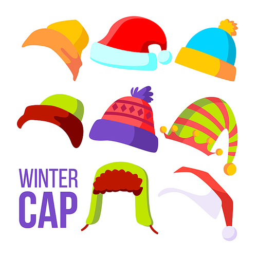 Winter Cap Set Vector. Cold Weather Headwear. Hats, Caps. Apparel Clothes For Autumn. Isolated Flat Cartoon Illustration