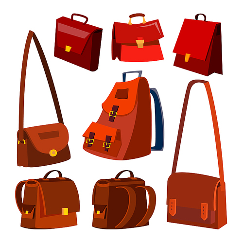Brown Leather Bag Set Vector. Briefcase. For Male, Female. School And Business. Isolated Flat Cartoon Illustration