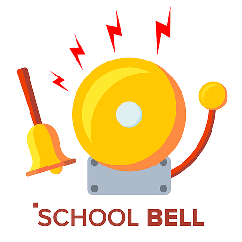 School Bell, Ring Vector. Ringing Classic Electric Bell And Hand Gold Metal Ring Isolated Flat Cartoon Illustration
