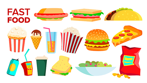 Fast Food Icons Set Vector. Hamburger Dinner. Takeaway Food. Unhealthy express Cafe. Isolated Cartoon Illustration