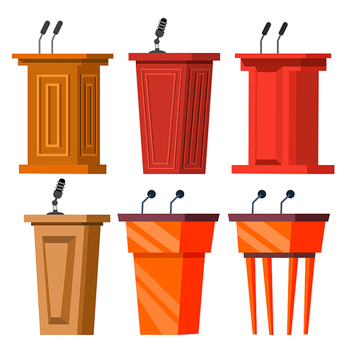 Tribune Stand Vector. Empty Podium With Speech Microphone. Audience Room. Orator, Speaker Lecture. Isolated Cartoon Illustration